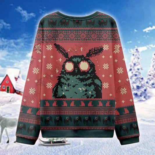 Mothman Ugly Christmas Sweater, Cryptid Holiday Jumper, Funny Moth Monster Xmas Shirt, Weird Gift for Him Her, All Over Print