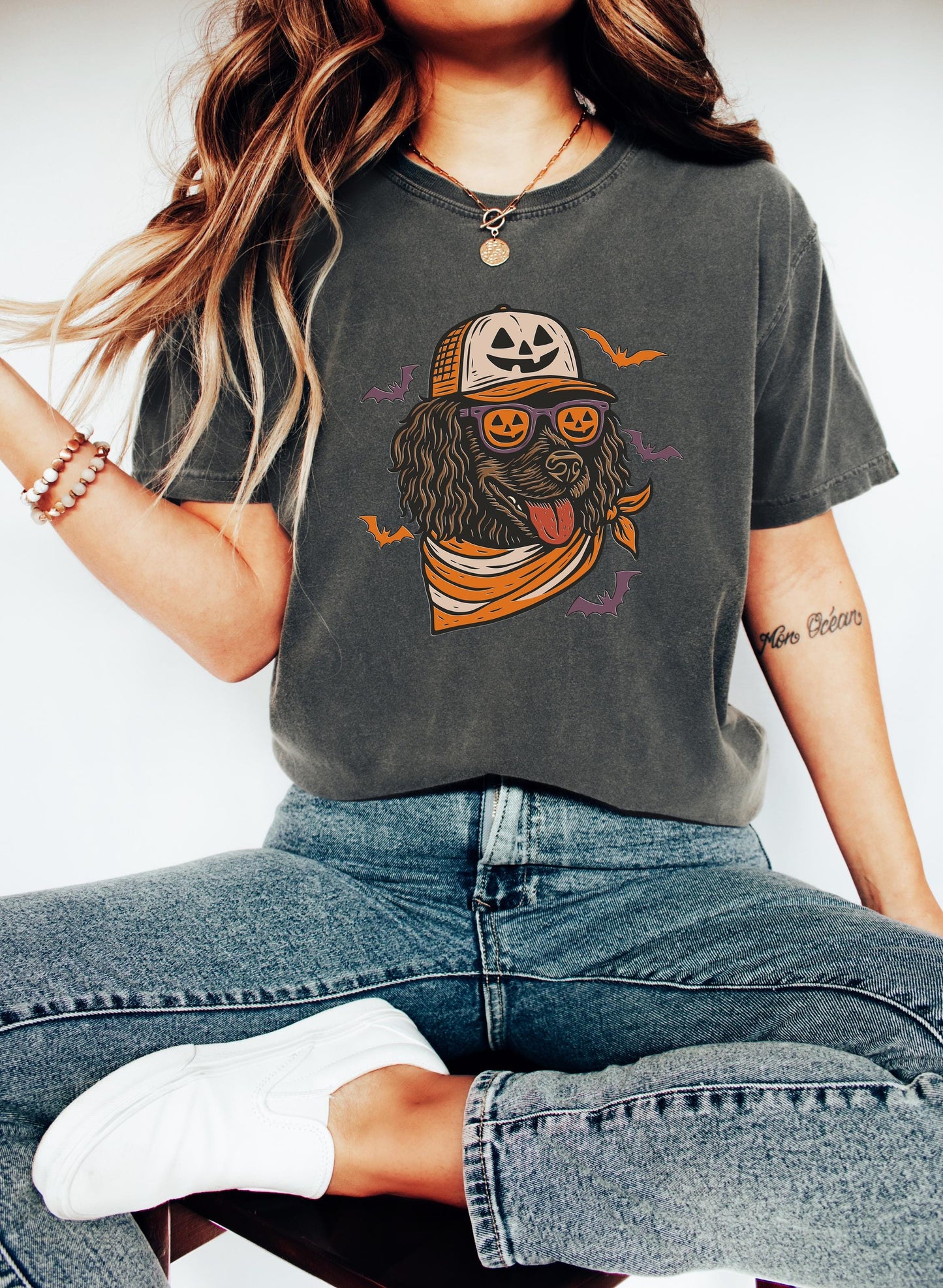 Comfort Colors® Boykin Spaniel with Pumpkin Trucker Hat and Sunglasses Shirt, Halloween Cool Dog Shirt, Funny Fall Halloween Tee
