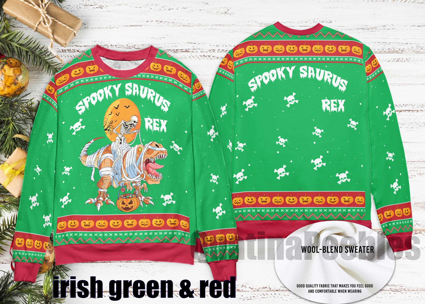 Spooky Saurus Rex Ugly Xmas Sweater – Funny Dinosaur HalloweenChristmas Sweater, T-Rex Mummy Skeleton Pumpkin Pullover, Ugly Xmas Sweater