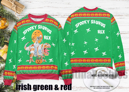 Spooky Saurus Rex Ugly Xmas Sweater – Funny Dinosaur HalloweenChristmas Sweater, T-Rex Mummy Skeleton Pumpkin Pullover, Ugly Xmas Sweater