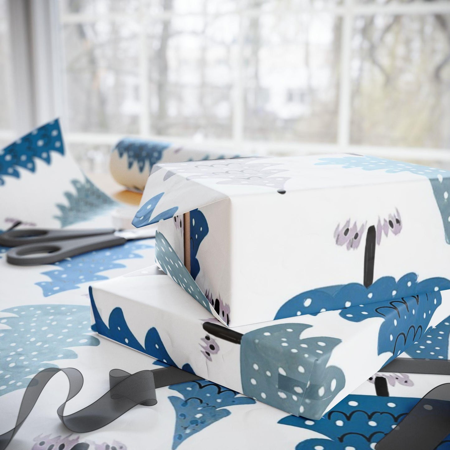 Blue Christmas Trees Wrapping Paper - Perfect for Baby Showers, Birthdays, Parties, Gift Wrap, and Celebrations,  Unique Gift Giving