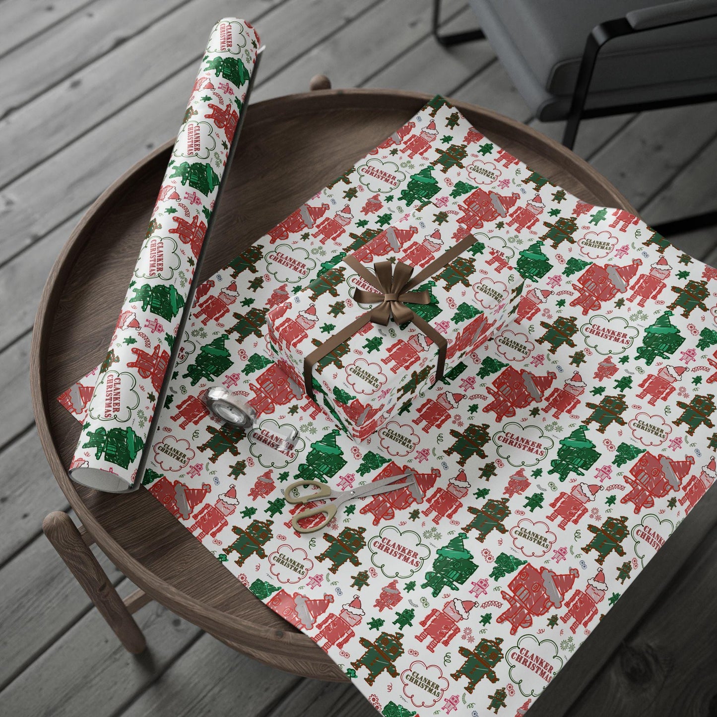 Kids Christmas Wrapping Paper: Funny Robot Ornament Design, Clanker Christmas