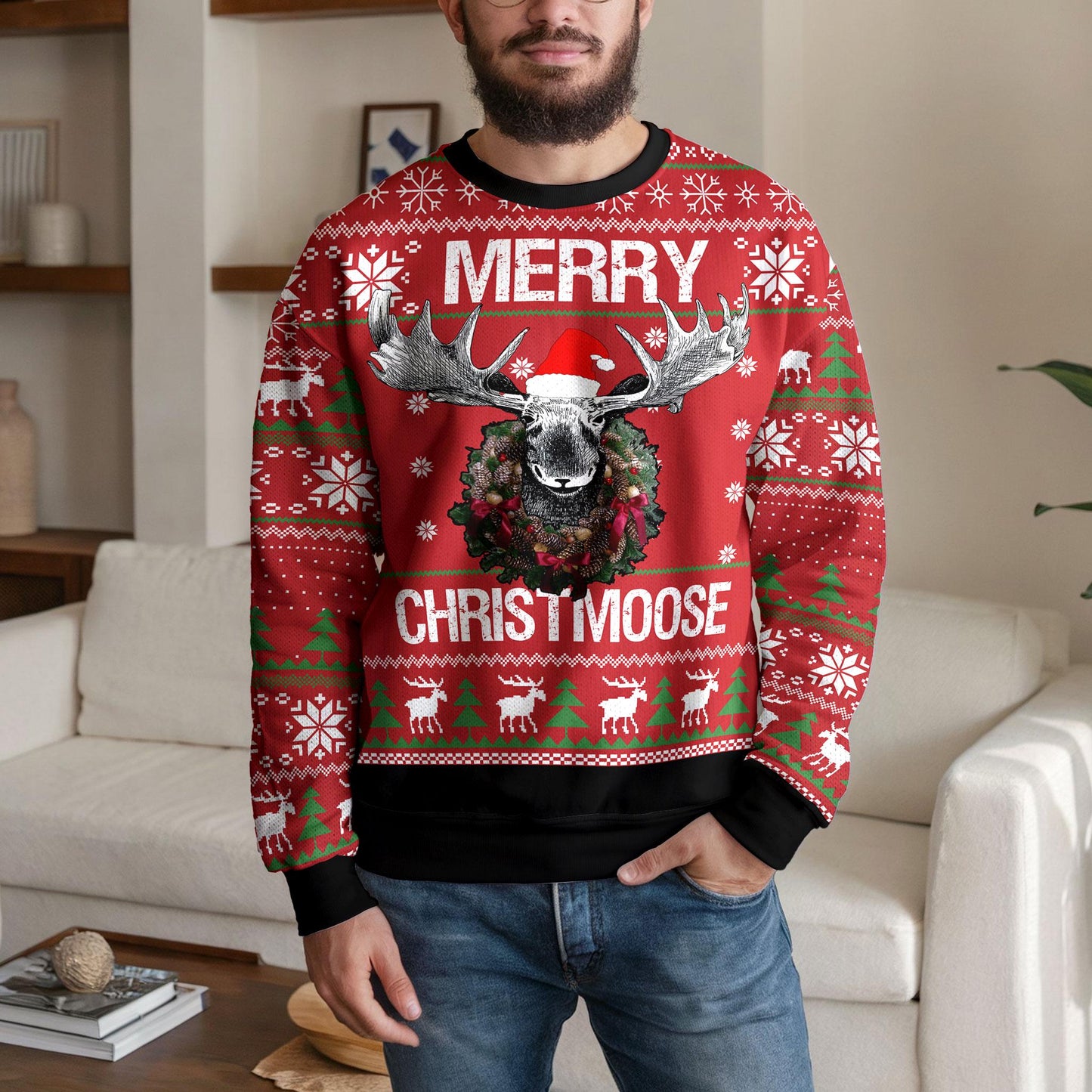 Merry Christmoose Ugly Christmas Sweater - Funny Moose Reindeer Head Holiday Jumper Gift for Men Women, Xmas Party Outfit Pullover