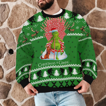 Funny Green Grinch Christmas Is Coming Sweater for Men Women, Holiday Grinch Style Ugly Christmas Sweater, Cozy Winter Party Pullover Gift