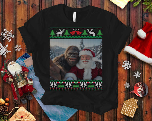 Bigfoot Taking a Selfie With Santa Ugly Christmas Party Design T-shirt for Men and Women Who Love Sasquatch Tee Shirt