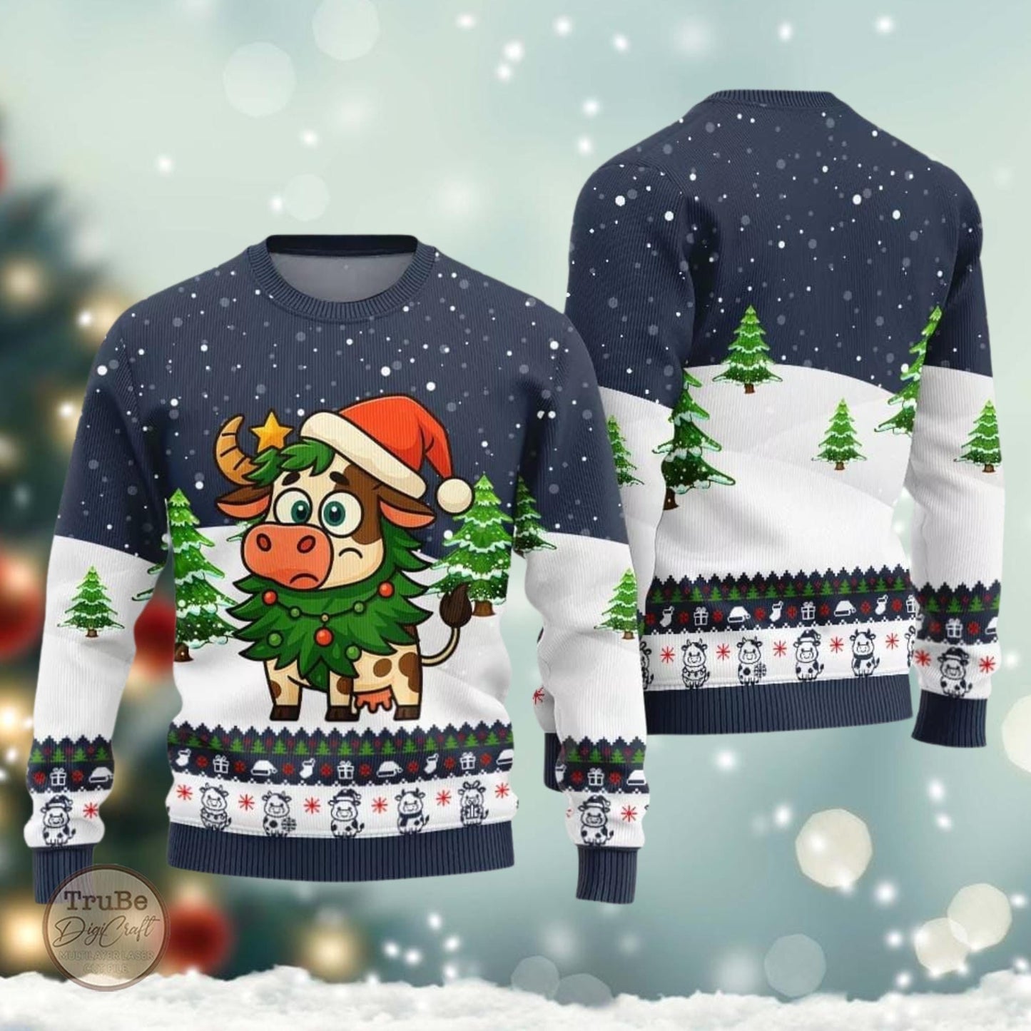 Adorable Santa Cow Ugly Sweater, Funny Cow Christmas Sweater, Cute Cow Sweater, Idea Christmas Gift for Men Women, Holiday Eve Sweater