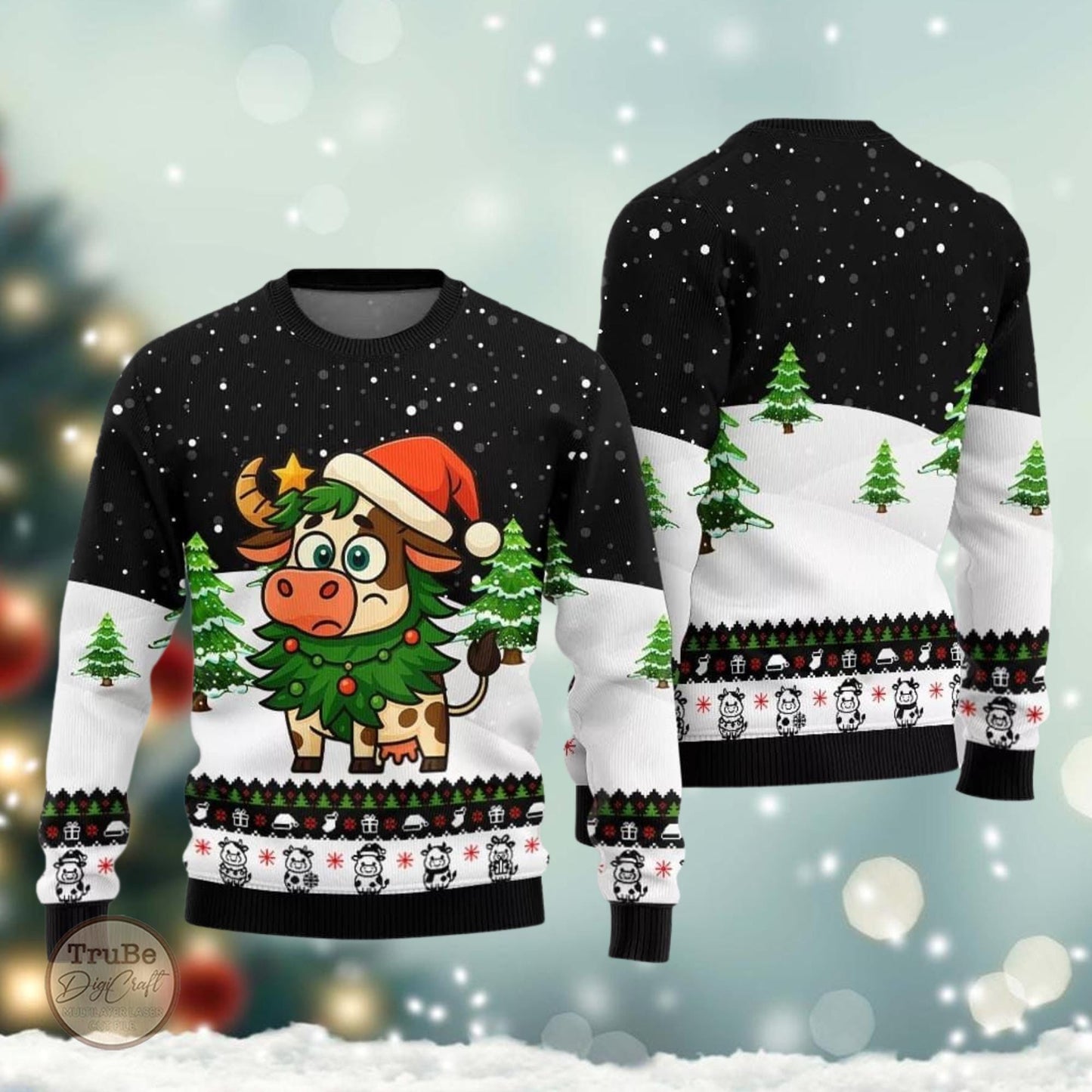 Adorable Santa Cow Ugly Sweater, Funny Cow Christmas Sweater, Cute Cow Sweater, Idea Christmas Gift for Men Women, Holiday Eve Sweater