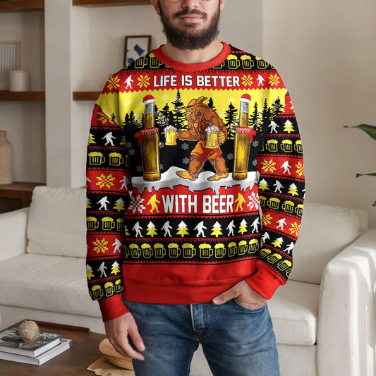 Life Is Better with Beer Ugly Xmas Sweatshirt, Funny Beer Christmas Sweater for Men, Bigfoot Holiday Party Gift for Beer Lovers