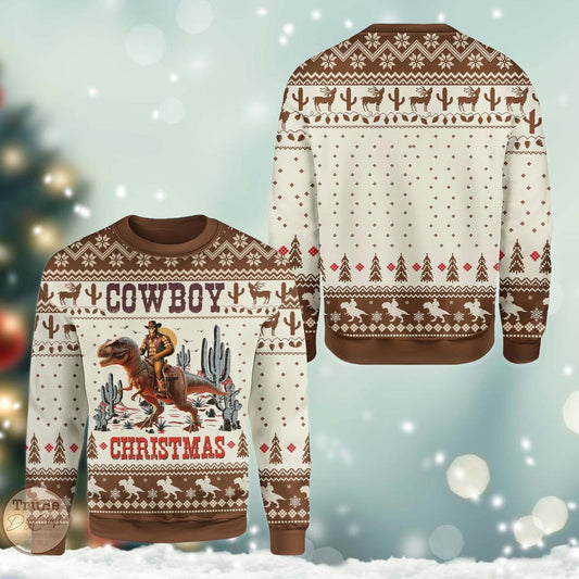Cowboy Bigfoot Dinosaur Ugly Christmas Sweater: Funny Western Holiday Pullover