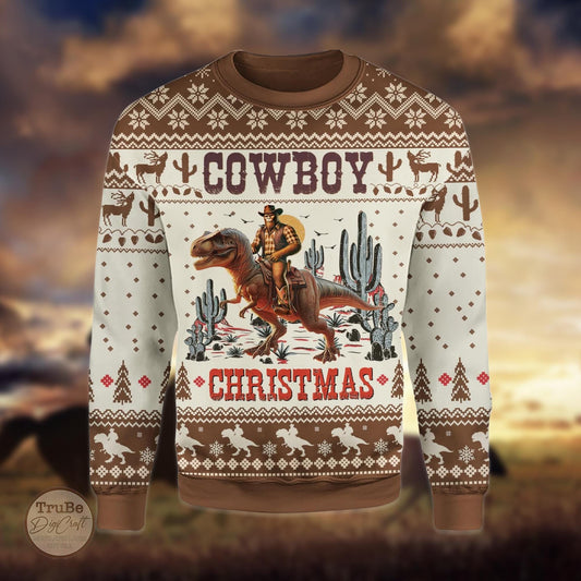 Cowboy Bigfoot Dinosaur Ugly Christmas Sweater: Funny Western Holiday Pullover