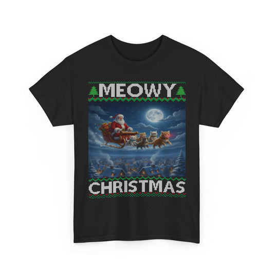 Cat Themed Ugly Christmas Style T-shirt 100% Cotton ; Kittens Flying Santa Sleigh