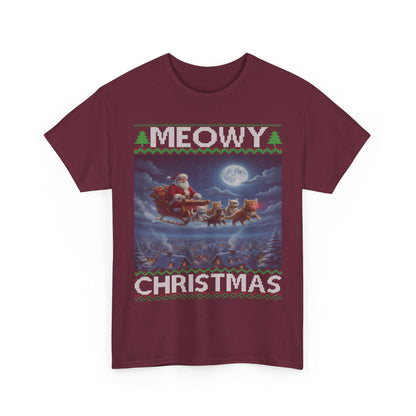 Cat Themed Ugly Christmas Style T-shirt 100% Cotton ; Kittens Flying Santa Sleigh