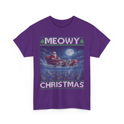 Cat Themed Ugly Christmas Style T-shirt 100% Cotton ; Kittens Flying Santa Sleigh