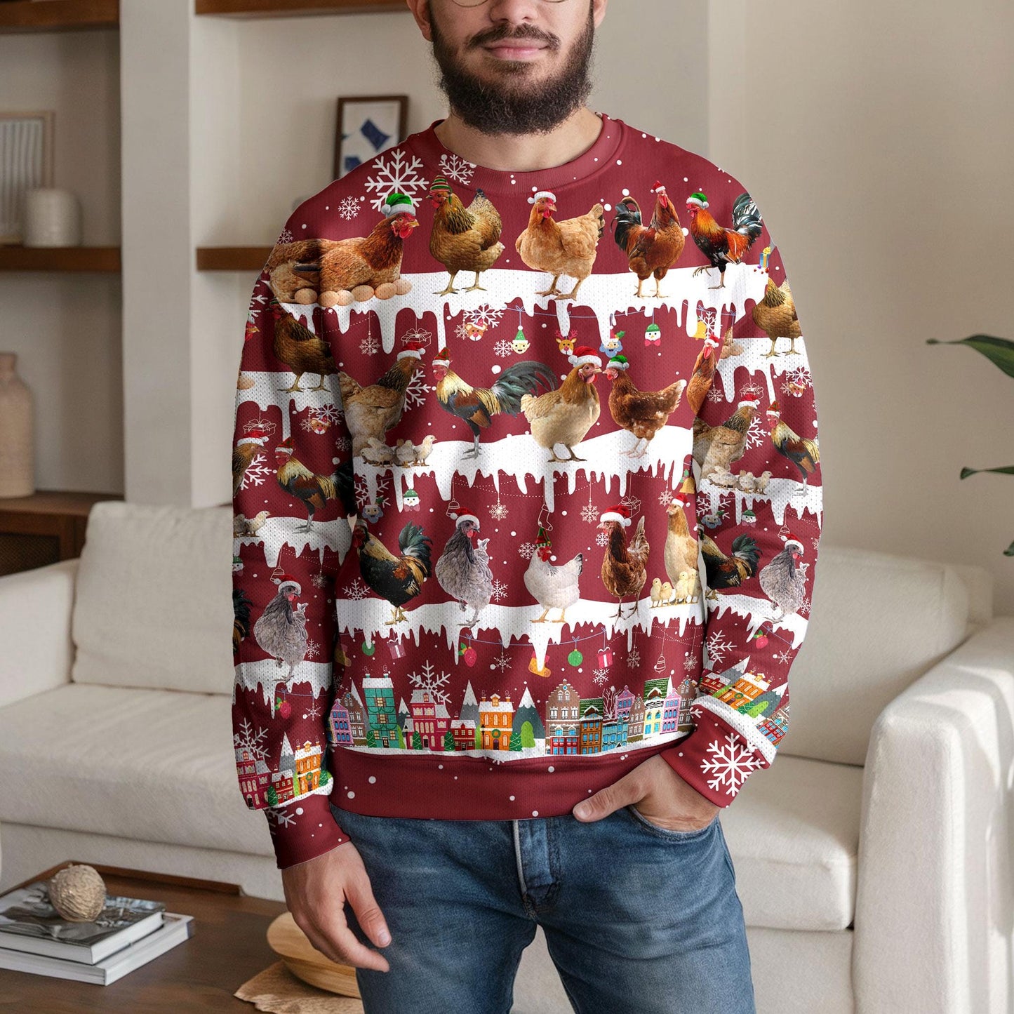 Funny Chicken Christmas Sweater for Men Women, Farm Animal Ugly Xmas Sweatshirt, Holiday Gift for Farmers, Cozy Winter Poultry Lover Top