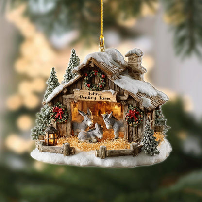 Personalized Donkey Farm Christmas Ornament | Rustic Barn Holiday Decor | Country Stable Gift for Donkey Lovers, 2D Flat ornament