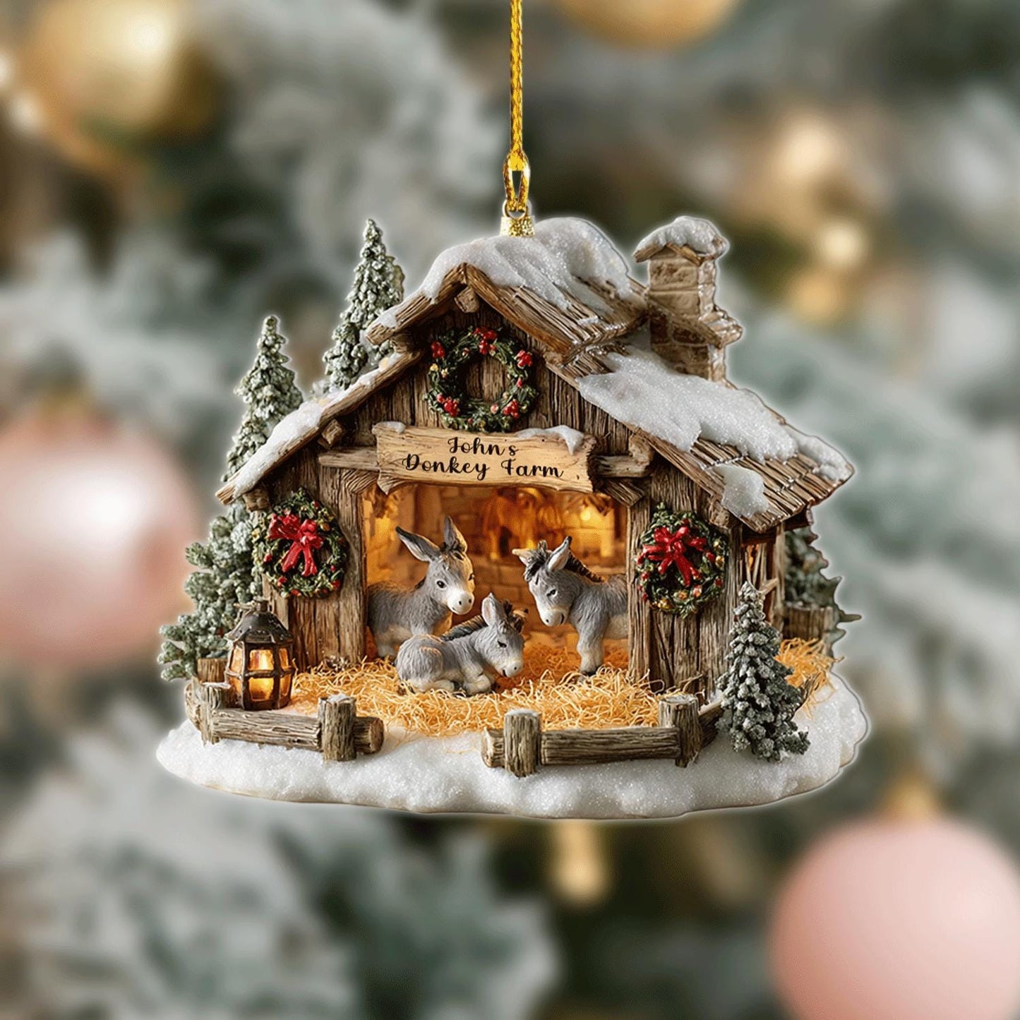 Personalized Donkey Farm Christmas Ornament | Rustic Barn Holiday Decor | Country Stable Gift for Donkey Lovers, 2D Flat ornament