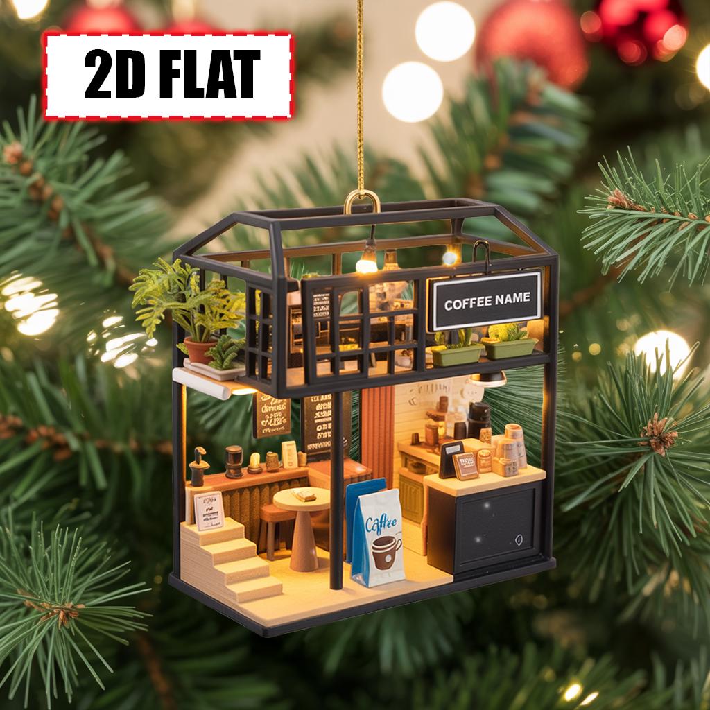 Personalized Coffee Shop Christmas Ornament Tree Hanging Decor Flat 2D Acrylic Custom Café Gift for Coffee Lovers, Baristas, Café Owners