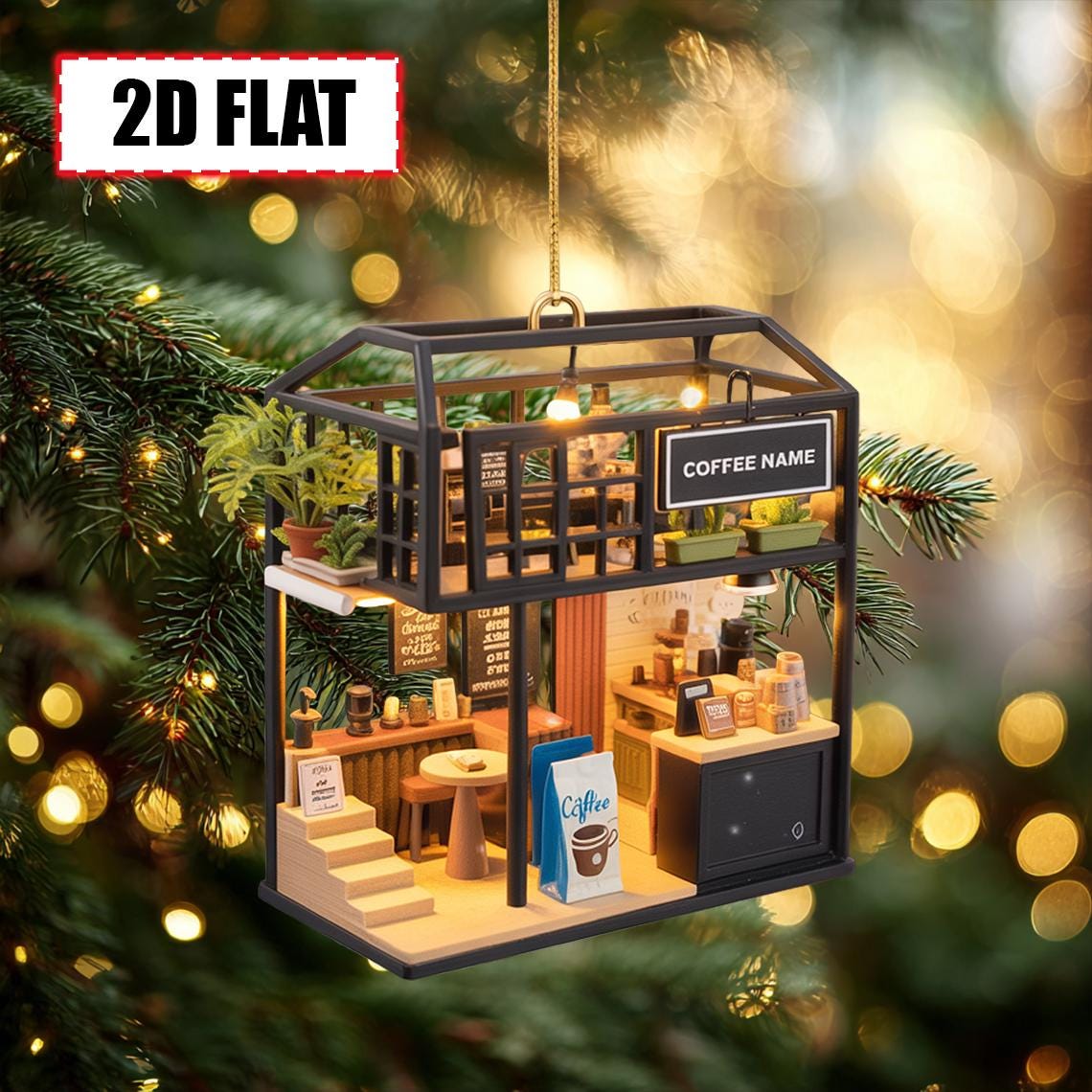 Personalized Coffee Shop Christmas Ornament Tree Hanging Decor Flat 2D Acrylic Custom Café Gift for Coffee Lovers, Baristas, Café Owners