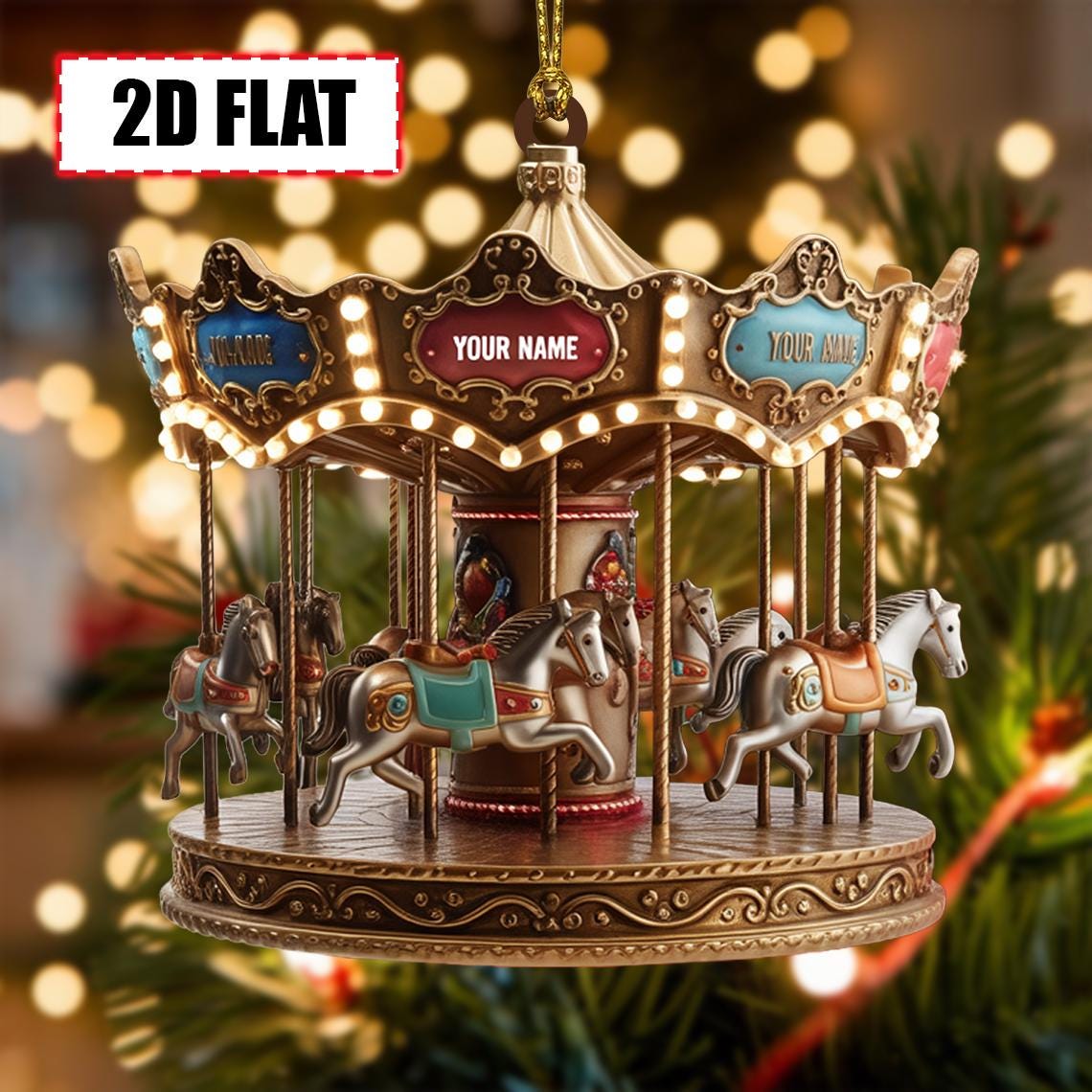 Personalized Carousel Christmas Ornament Tree Hanging Decor Flat 2D Acrylic Custom Merry-Go-Round Gift for Kids, Families, Amusement Park