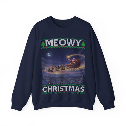 Cat Themed Ugly Christmas Sweatshirt 100% Cotton ; Kittens Pull Santa Sleigh Graphic Design Kitty Tee Shirt