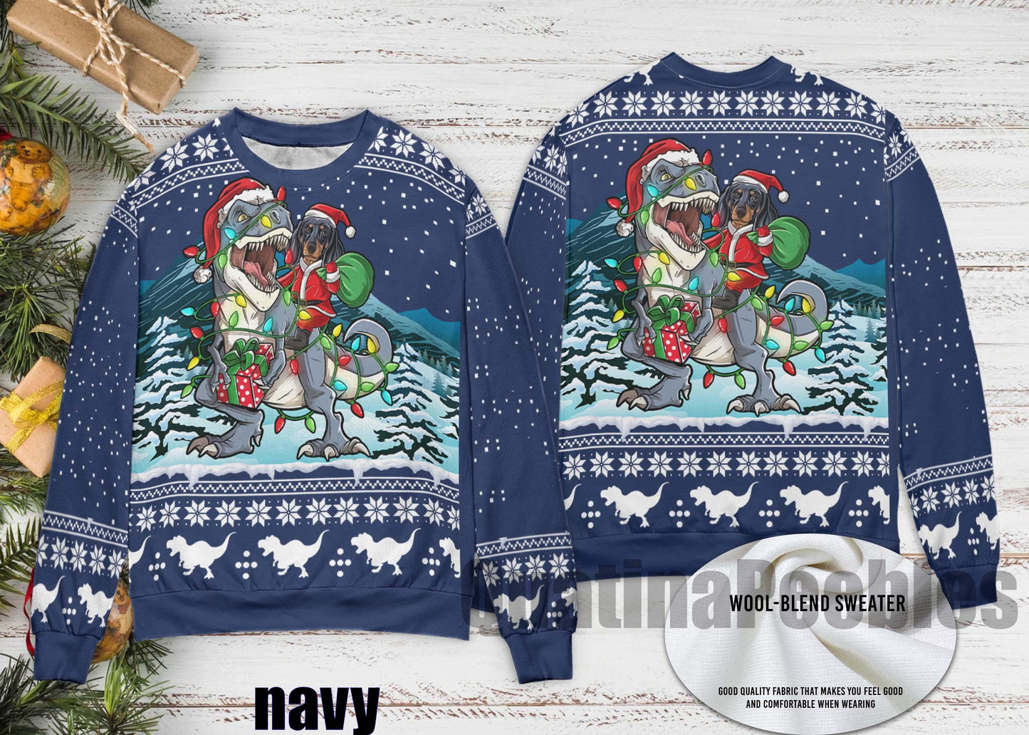 Dachshund Riding Dinasaur T-Rex Christmas Sweater, Dachshund  Ugly Christmas Sweater, Dinasaur T-Rex Ugly Sweater, Merry Xmas Ugly Sweater