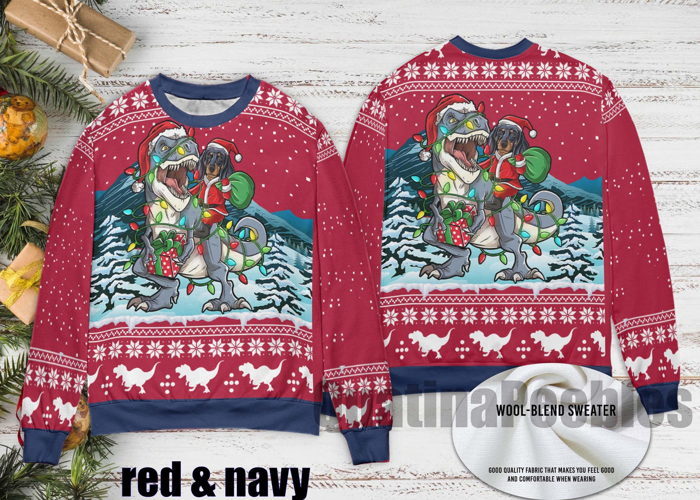 Dachshund Riding Dinasaur T-Rex Christmas Sweater, Dachshund  Ugly Christmas Sweater, Dinasaur T-Rex Ugly Sweater, Merry Xmas Ugly Sweater