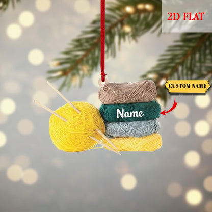 Personalized Wool Basket Knitting Accessories with String Lights, Yarns Ornament Christmas, Custom Name Christmas Tree Ornament Decoration