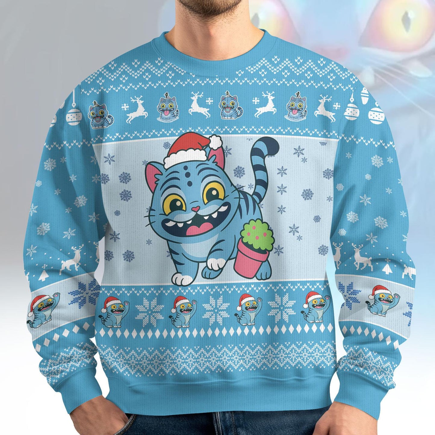 Cute Blue Tiger Christmas Ugly Sweater, Derpy Tiger Very Merry Sweater, Kpop Anime Sweater For Men Women, Fun Animals Holiday Sweater