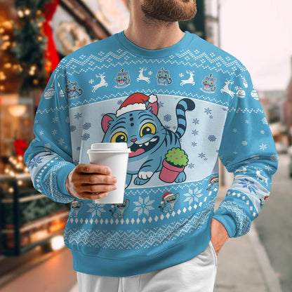 Cute Blue Tiger Christmas Ugly Sweater, Derpy Tiger Very Merry Sweater, Kpop Anime Sweater For Men Women, Fun Animals Holiday Sweater