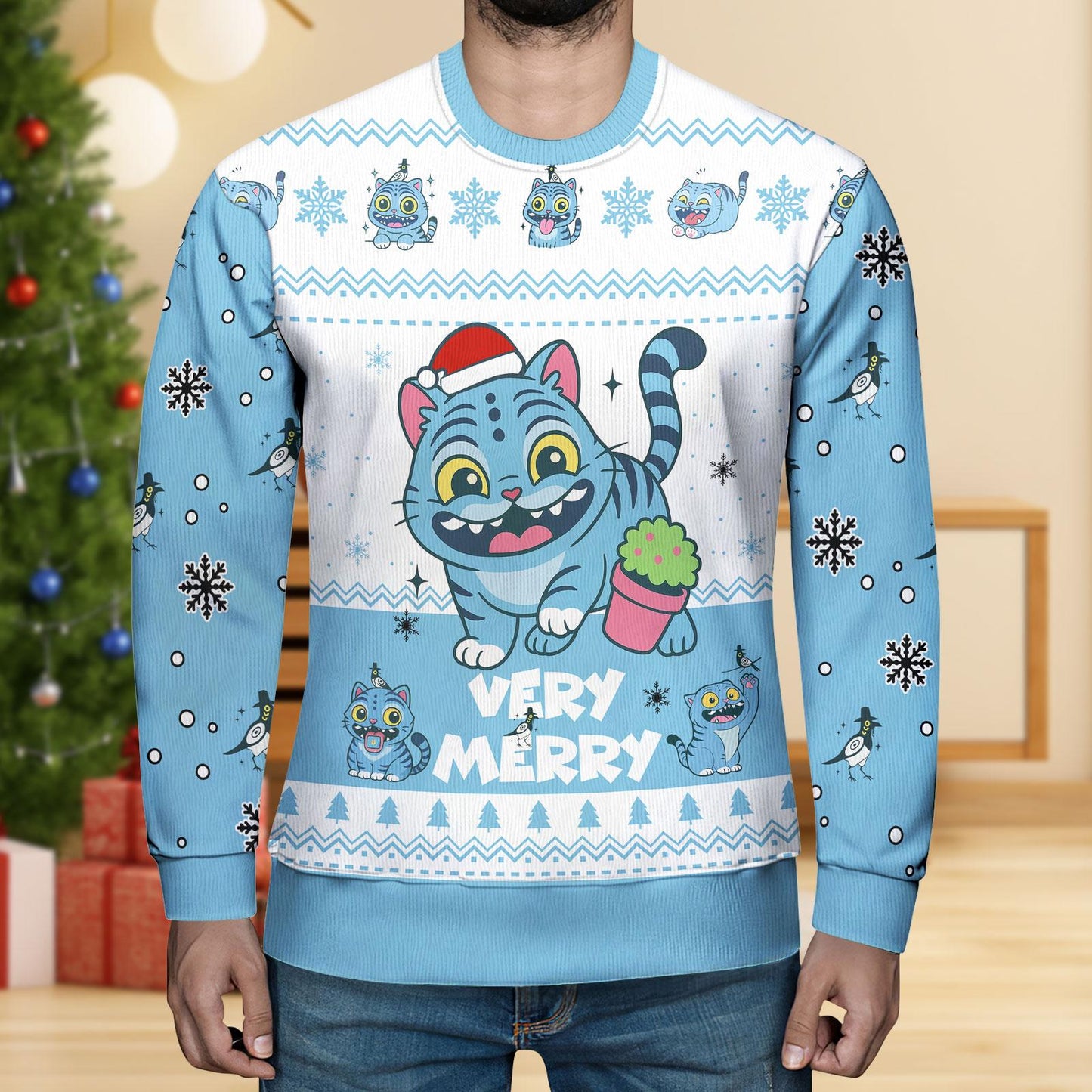 Blue Tiger Christmas Ugly Sweater, Cute Derpy Tiger Very Merry Sweater, Kpop Anime Sweater For Men Women, Fun Animals Holiday Sweater