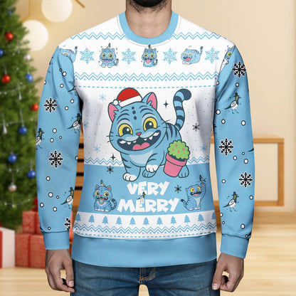 Blue Tiger Christmas Ugly Sweater, Cute Derpy Tiger Very Merry Sweater, Kpop Anime Sweater For Men Women, Fun Animals Holiday Sweater