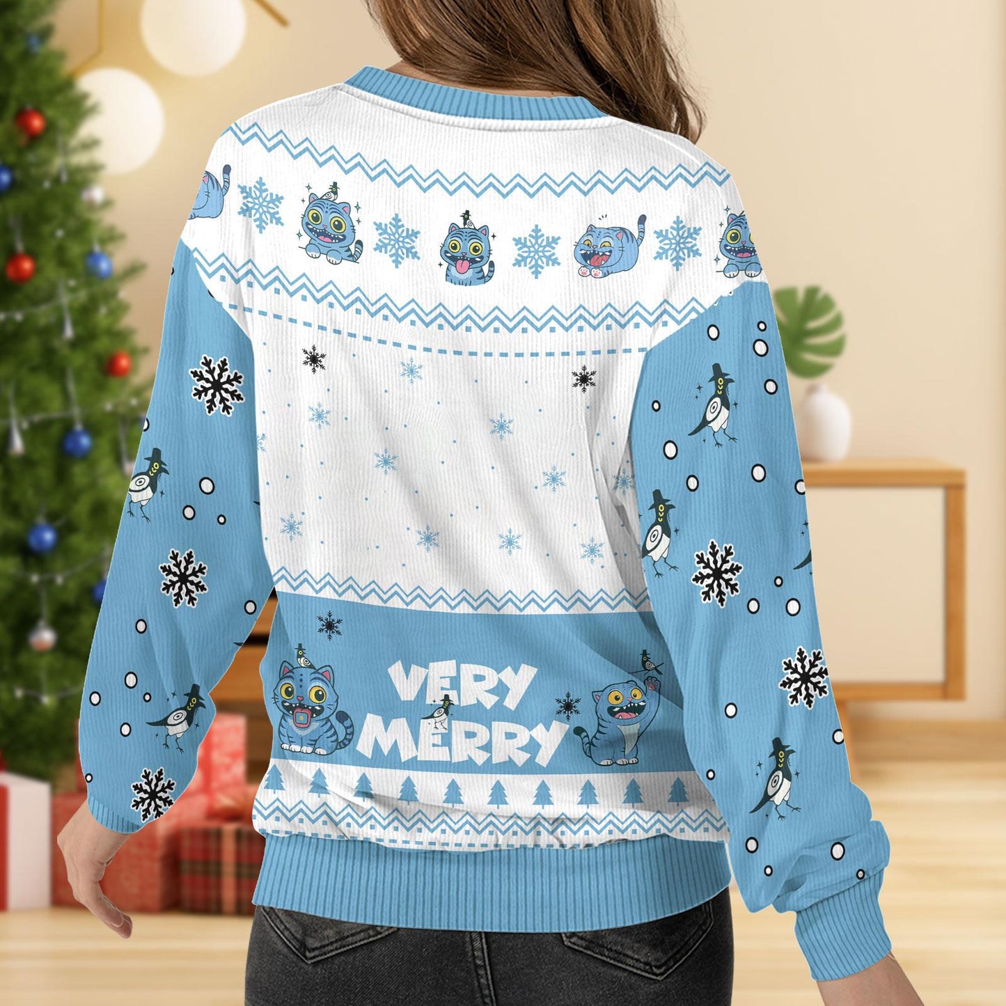 Blue Tiger Christmas Ugly Sweater, Cute Derpy Tiger Very Merry Sweater, Kpop Anime Sweater For Men Women, Fun Animals Holiday Sweater