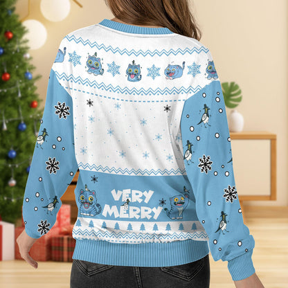 Blue Tiger Christmas Ugly Sweater, Cute Derpy Tiger Very Merry Sweater, Kpop Anime Sweater For Men Women, Fun Animals Holiday Sweater