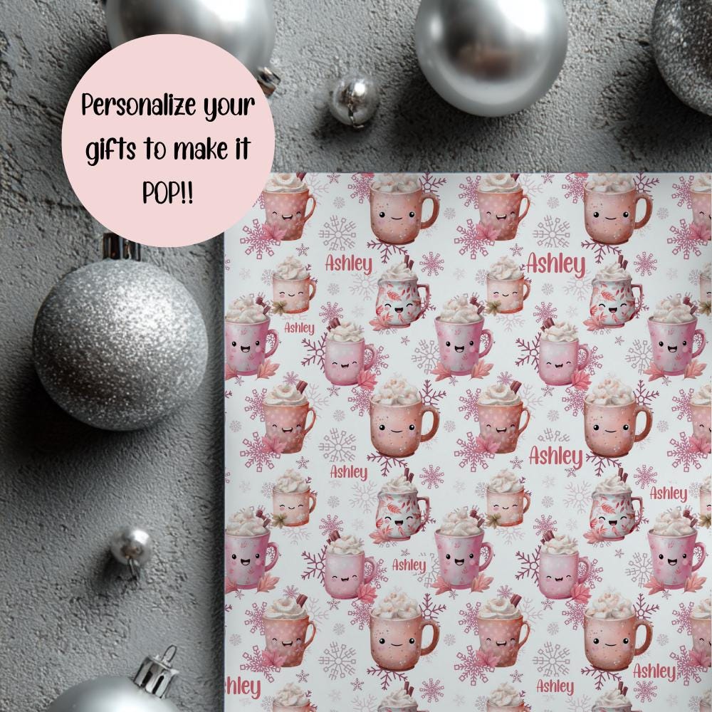 Pink Cocoa and Snowflakes Wrapping Paper: Cute Christmas Wrapping Paper, Custom Wrapping paper, Parties and Celebrations, Unique Gift Giving