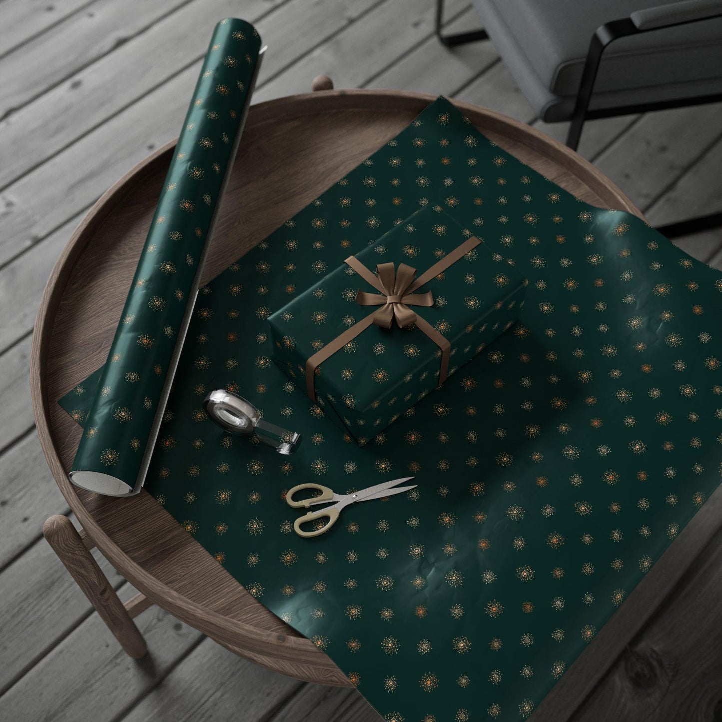 Vintage Christmas Green Gold Wrapping Paper Rolls- Christmas Gift Wrap Retro, Holiday Festive Gift Packaging, Festive Xmas Paper