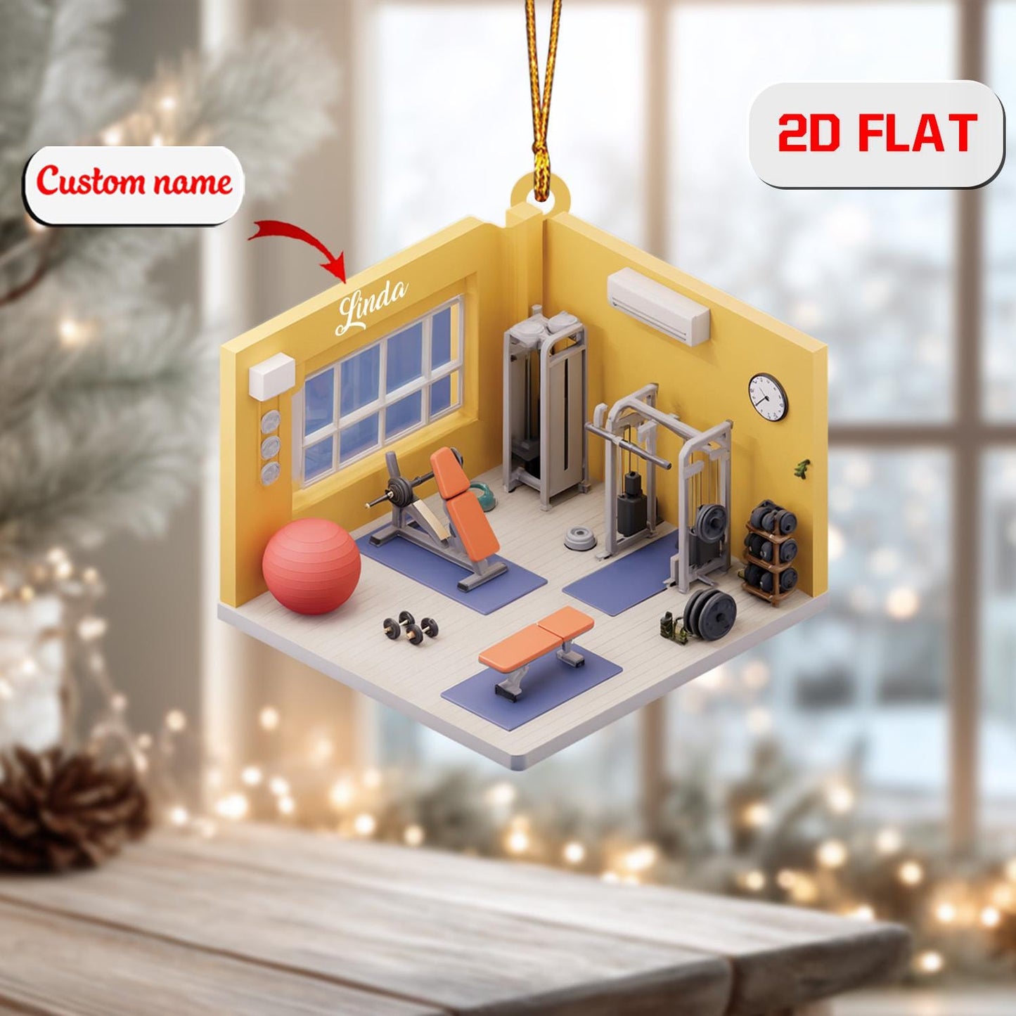 Custom 2D Flat Gym Ornament, Personalized Acrylic Christmas Decoration, Fitness Holiday Gift for Bodybuilder Weightlifter Personal Trainer