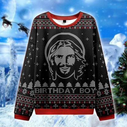 Birthday Boy Ugly Christmas Sweater, Funny Jesus Xmas Sweatshirt, Religious Holiday Jumper, Christian Christmas Gift for Him Her