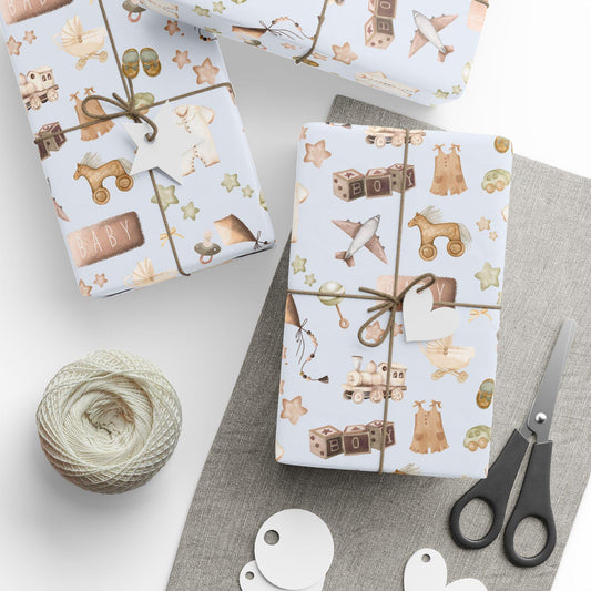 Baby Boy Watercolor Gift Wrap: Blue & Brown Nursery Decor