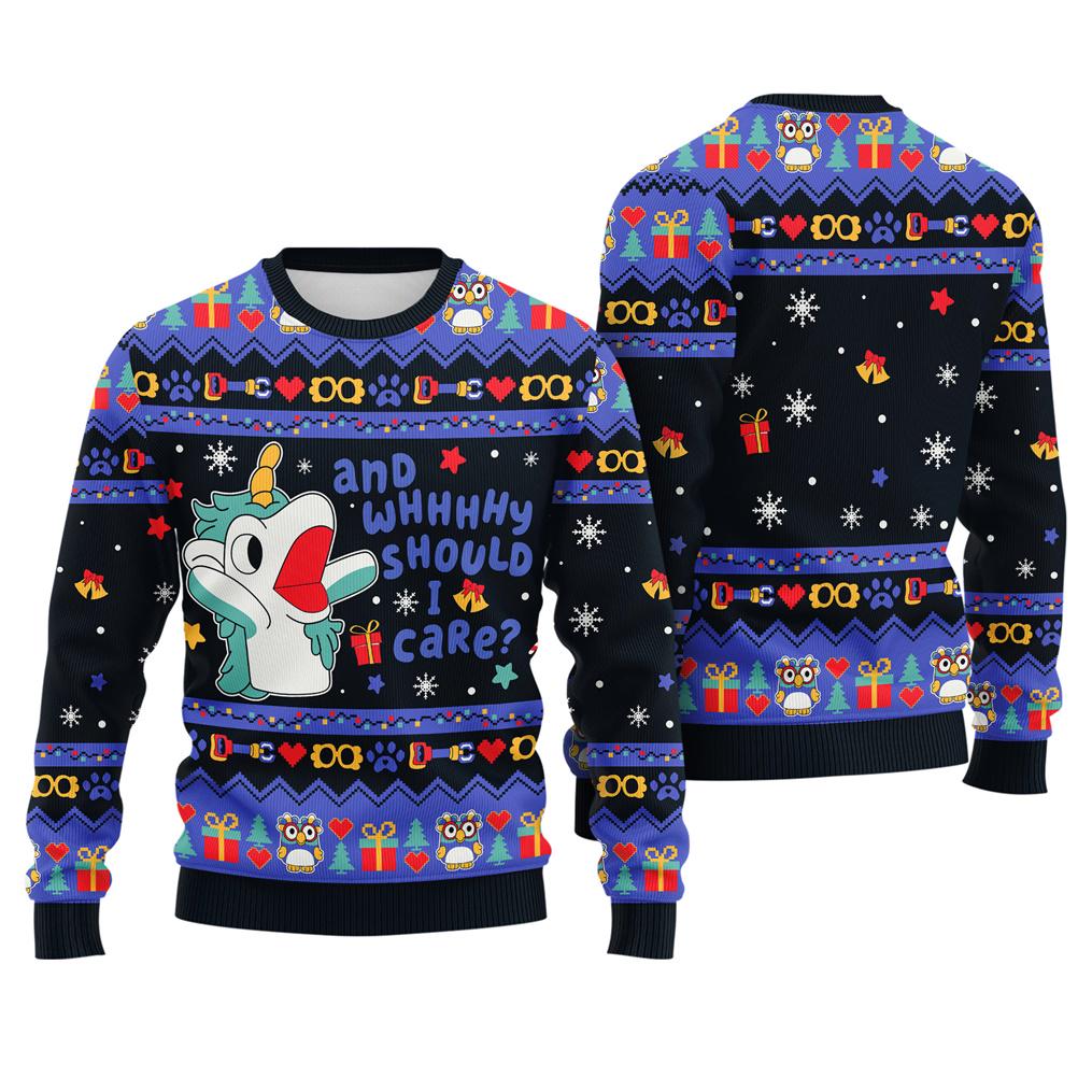 Why Should I Care Ugly Christmas Sweater, Unicorse Sweatshirt, Funny Cartoon Characters Xmas Gift, Christmas Sweatshirt, Christmas Holiday