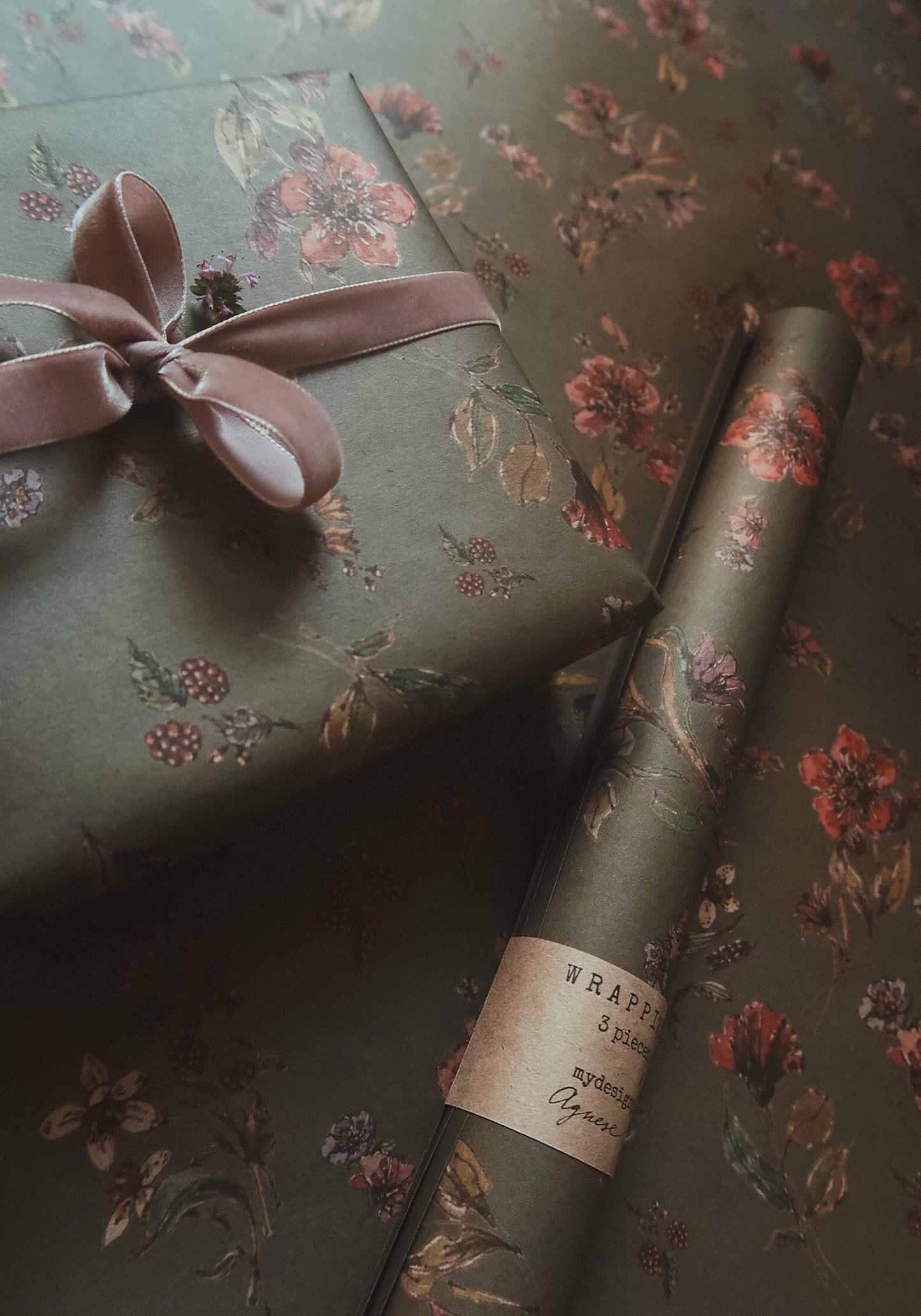 Flowers on dark gray kraft recycled wrapping paper,Gift Wrap,gift wrapping paper,recycled Wrapping paper,gift paper,floral wrapping paper
