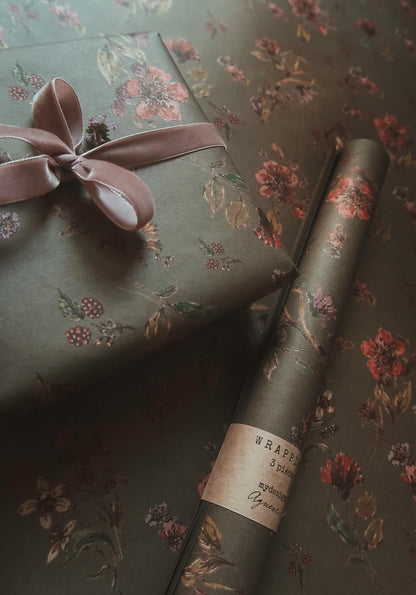 Flowers on dark gray kraft recycled wrapping paper,Gift Wrap,gift wrapping paper,recycled Wrapping paper,gift paper,floral wrapping paper
