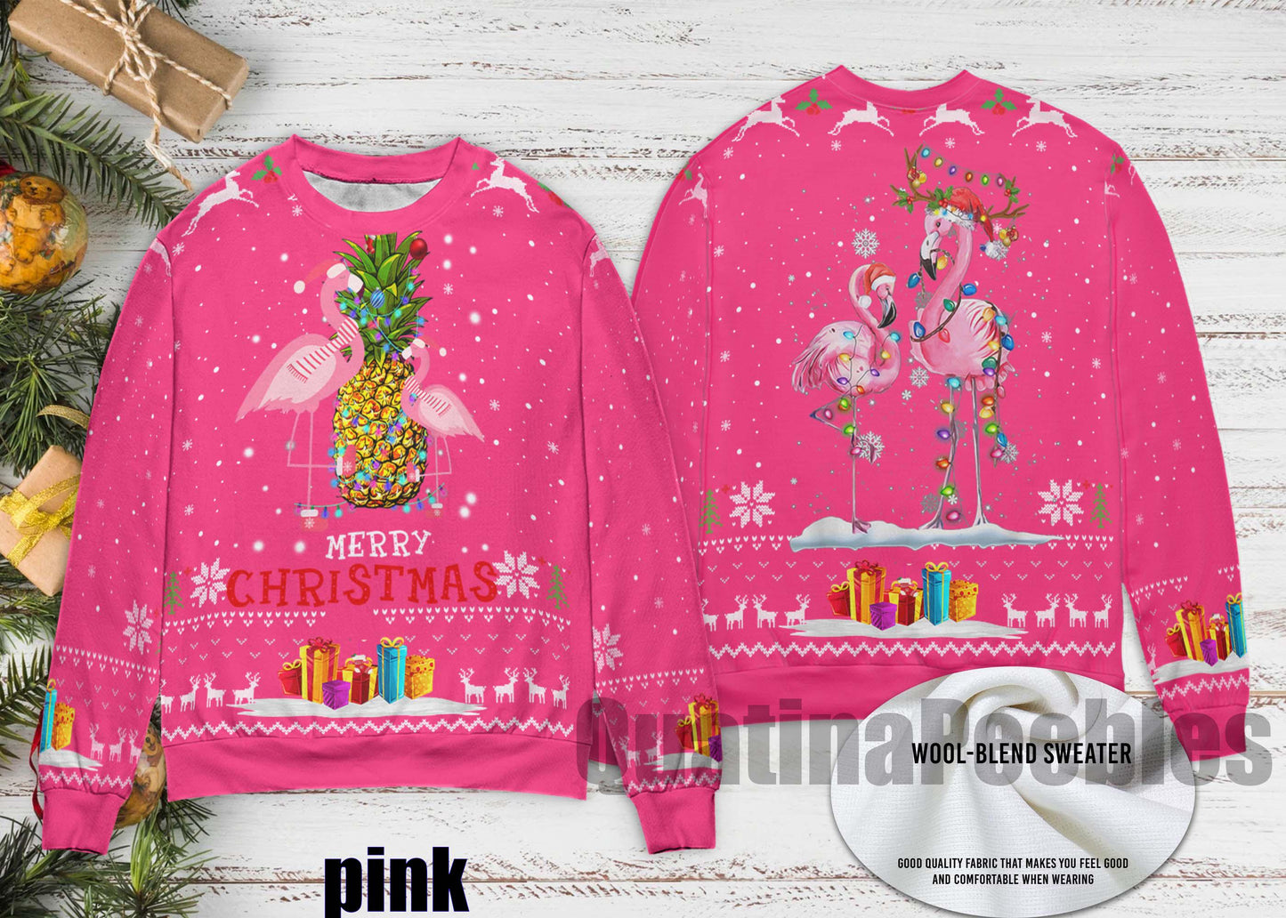 Flamingo Christmas Tree Pineapple Ugly Christmas Sweater, Santa Reindeer Flamingo Christmas Sweater, Xmas Sweater, Gift For Men Women