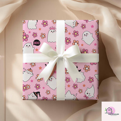 Floral Ghost Halloween Wrapping Paper: Pastel Kids Party Decor