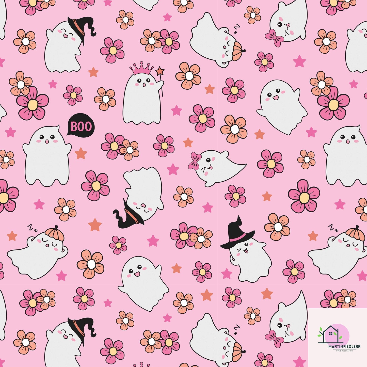 Floral Ghost Halloween Wrapping Paper: Pastel Kids Party Decor