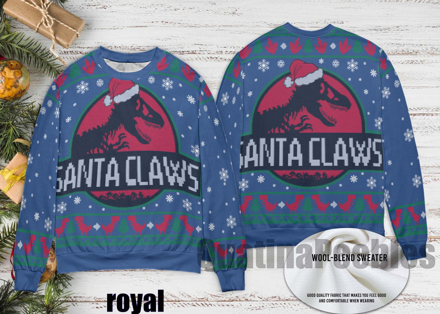 Santa Claws Dinosaur Christmas Sweater, Custom Photo Ugly Xmas Sweater, Funny Jurassic Holiday Sweater, Dinosaur Lover Christmas Gift