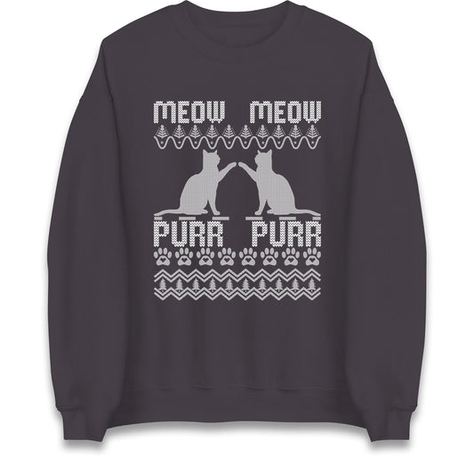 Meow Meow Purr Purr Ugly Christmas Jumper with Cute Cats Design, Funny Xmas Cat Hoodie, Holiday Kitten Lover T Shirt, Festive Gift Top
