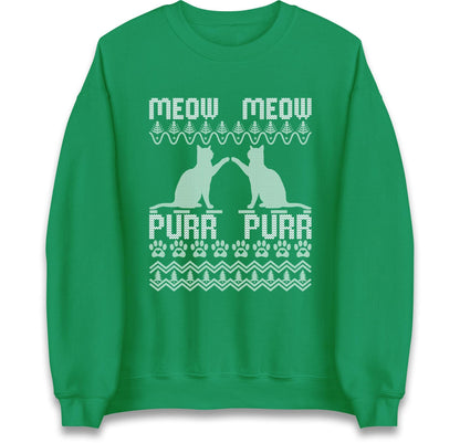 Meow Meow Purr Purr Ugly Christmas Jumper with Cute Cats Design, Funny Xmas Cat Hoodie, Holiday Kitten Lover T Shirt, Festive Gift Top