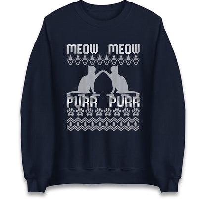Meow Meow Purr Purr Ugly Christmas Jumper with Cute Cats Design, Funny Xmas Cat Hoodie, Holiday Kitten Lover T Shirt, Festive Gift Top