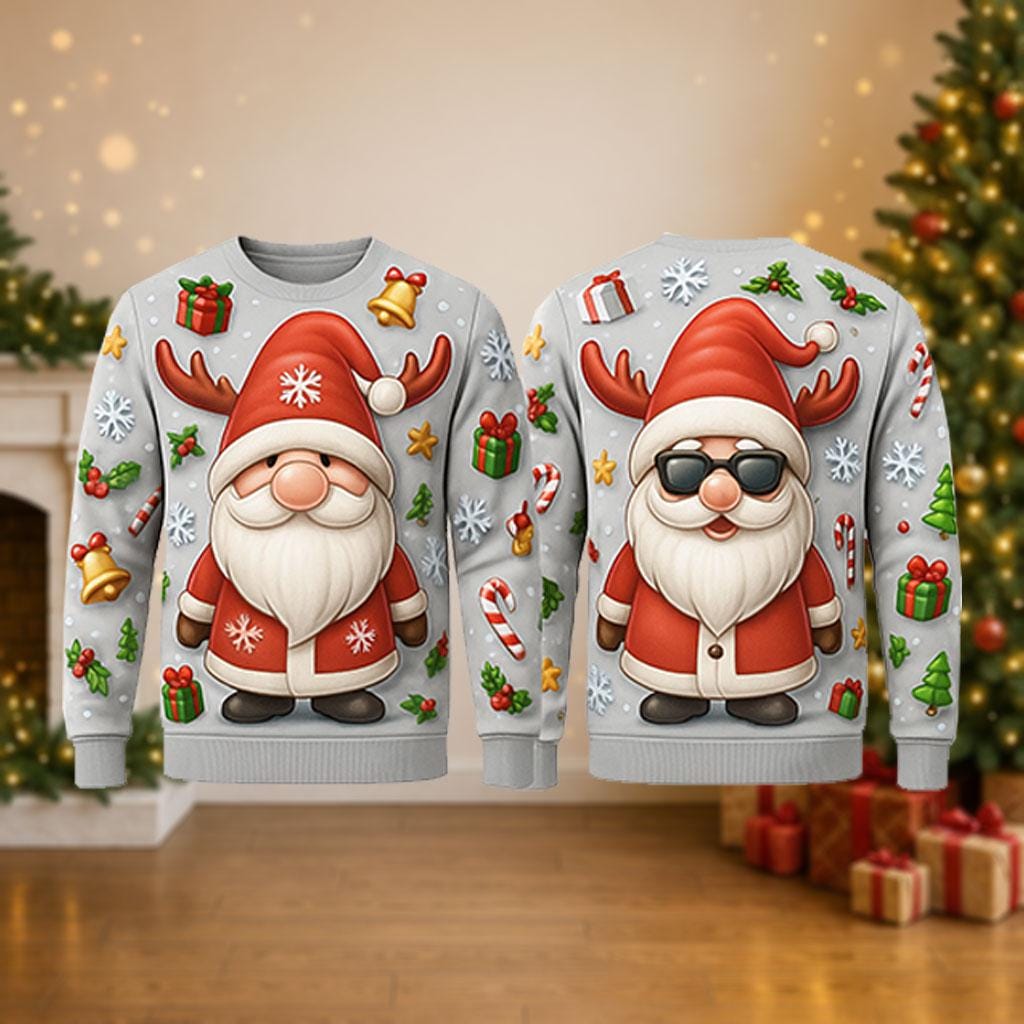 Ugly Christmas Sweater Santa, Funny Gnome Santa Reindeer Antlers Xmas Sweatshirt, Holiday Party Outfit, Cute Winter Gift Pullover