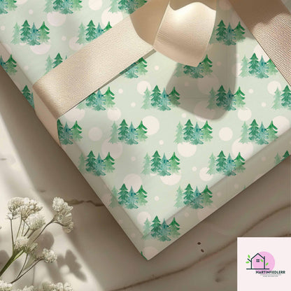 Watercolor Christmas Tree Wrapping Paper, Mint Green Holiday Gift Wrap Sheets, Winter Snow Dot Packaging, Minimal Festive Nature Style
